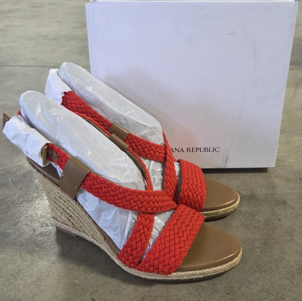 Banana Republic Vierra Espadrille Jute Wedge Sandal Red Orange Braided Strap 9.5